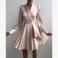 women solid office mini dress women fashion waist satin v neck dress 2022 spring lantern sleeves french temperament short skirt