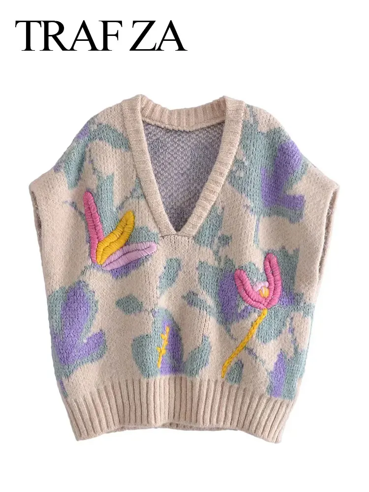 

TRAF ZA Fashion Women's Knit Sleeveless V-Neck Sweatshirt Vest Retro Embroidered Casual Floral College Street Versatile Clothing