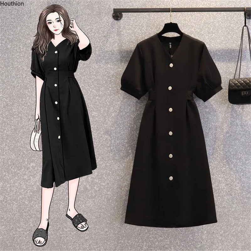 

New Short Sleeve Women's Dress V-neck Draw Fashion Back Pure Color Stitching Korean Summer Houthion
