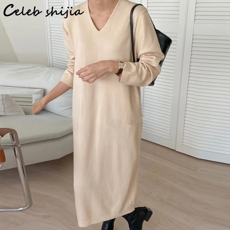 

2022 Elegant Black Woolen Dress Women Fall Winter V Neck Loose Long Sweater Dress Female Vintage Apricot Chic Knitted Clothing