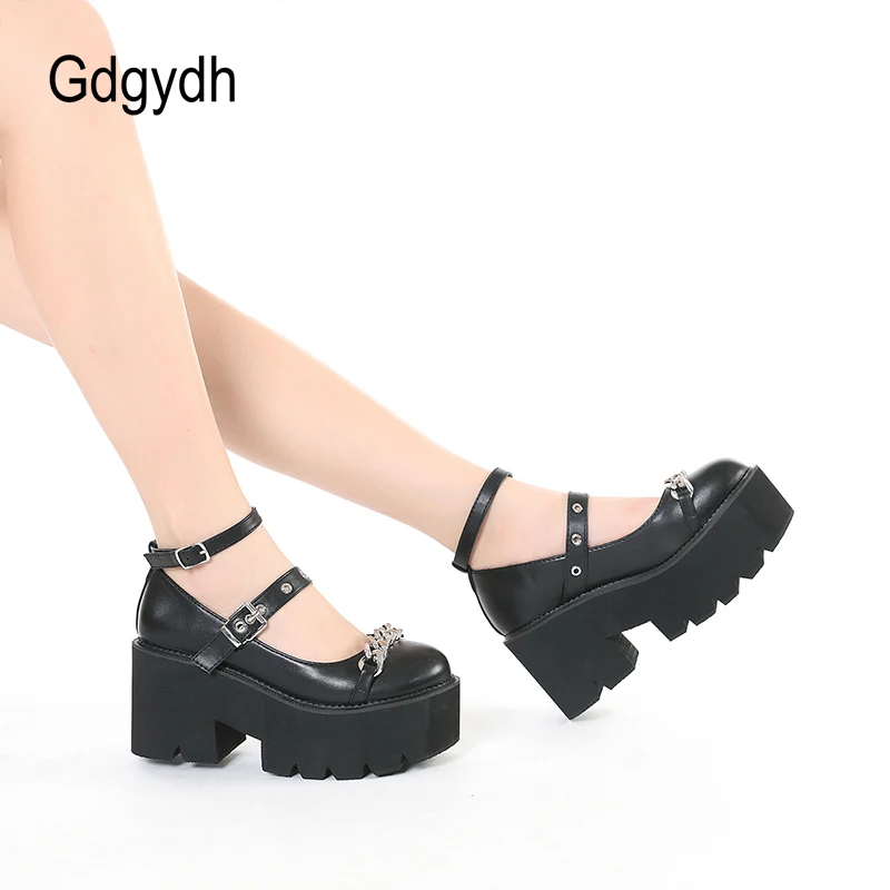 Gdgydh Lolita Shoes Mary Jane Round Toe Chunky Heel Platform Pumps for Women with Chain Plus Size Casual Footwear Comfortable