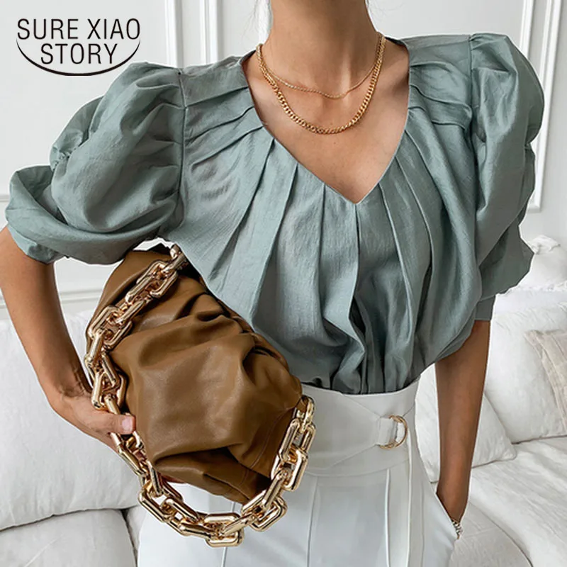 

Elegant OL Slim Chiffon Shirt Korean Loose Blouse Fashion Tops Summer V-neck Pleated Puff Short Sleeve Women Shirt Blusa 14944