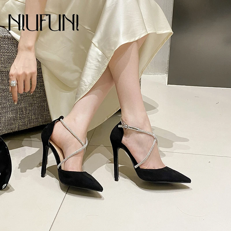 

NIUFUNI Pointed Rhinestone Cross Strap Buckle Women's Sandals Stiletto High Heels Solid Color Black Sexy Suede Gladiator Shoes
