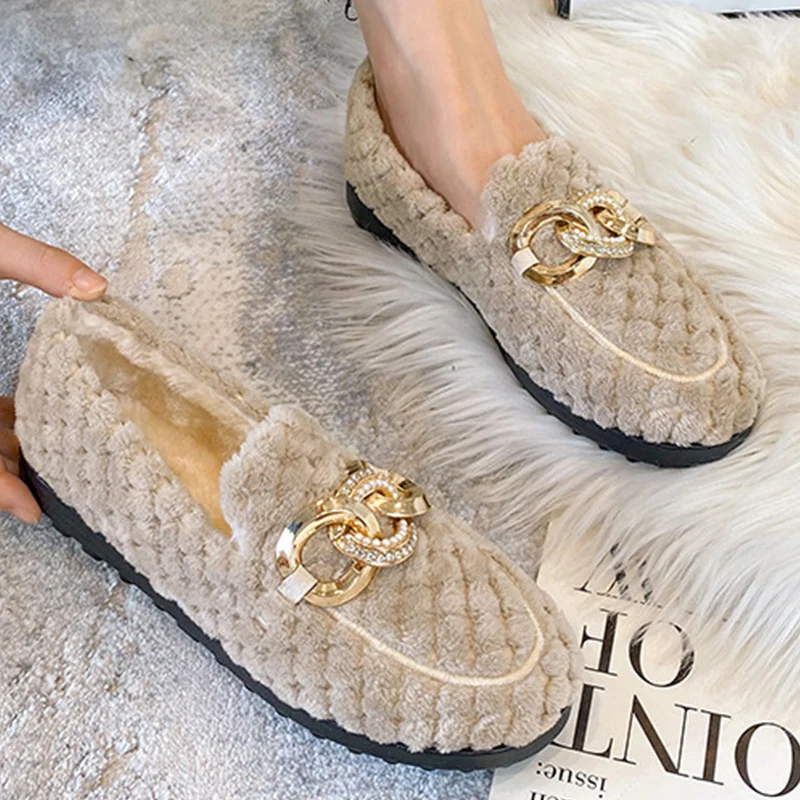Fashion Chain Design Winter Warm Women's Plush Flat Shoes Outdoor  Loafers Office Wear Home Snow Boots Large Size 41-43 shoes