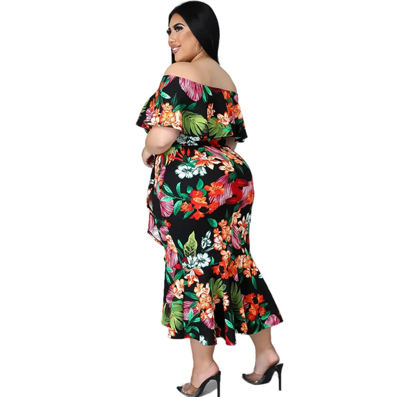 2023 Spring Women Floral Dress Off Shoulder Ruffle Design Fashion Elegant Outfit Summer Luxury Gown Plus Size Party New In Dress