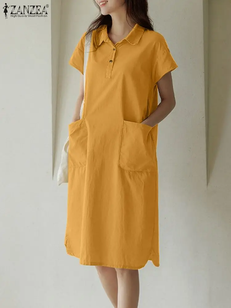 

Модное Повседневное платье-рубашка ZANZEA с отложным воротником и коротким рукавом, летнее женское элегантное однотонное офисное платье большого размера