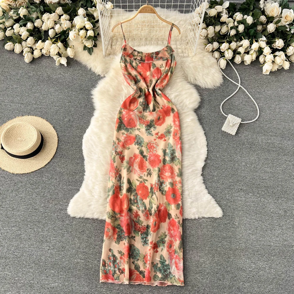 

Платье на подтяжках с цветами женское платье 2022 Весна и лето Ретро сексуальное темпераментное облегающее платье до колена с ягодицами