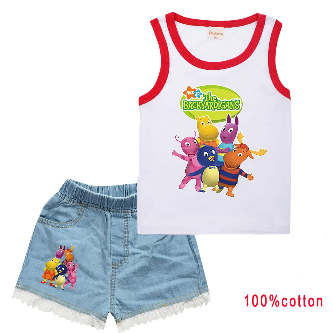 Cute Backyardigans Clothes Kids Sleeveless Tshirt+denim Short 2pcs Sportsuits Boys Summer Tracksuit Toddler Girls Casual Outfits