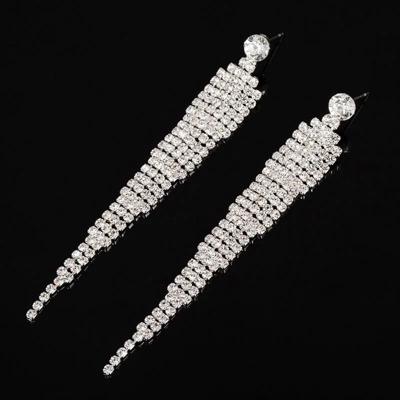 

New European and American Wedding Exaggerated Earrings Shiny Rhinestone Bride's Long Tassel Pendant Wholesale