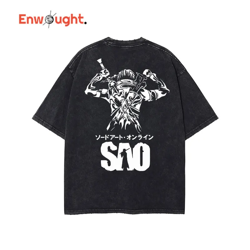 

Винтажная промытая Мужская футболка Kirigaya Kazuto Sao с рисунком из аниме «Искусство Онлайн», Топ большого размера с коротким рукавом для манги, 100% хлопок