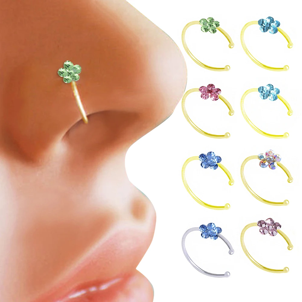 

Unisex Plum Flower Rhinestone Nose Stud Hoop Sparkly Nose Ring Body Piercing Fake Piercing Earrings Rings