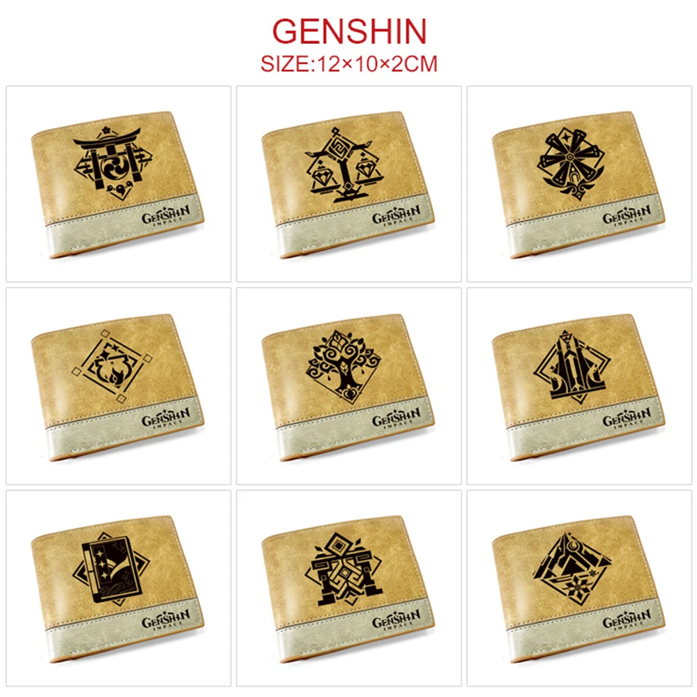 

Кожаный кошелек Genshin Impact двойного сложения, повседневный кошелек цвета хаки для молодых мужчин и женщин, держатель для монет и карт, кошелек с мультяшным принтом, подарки для косплея