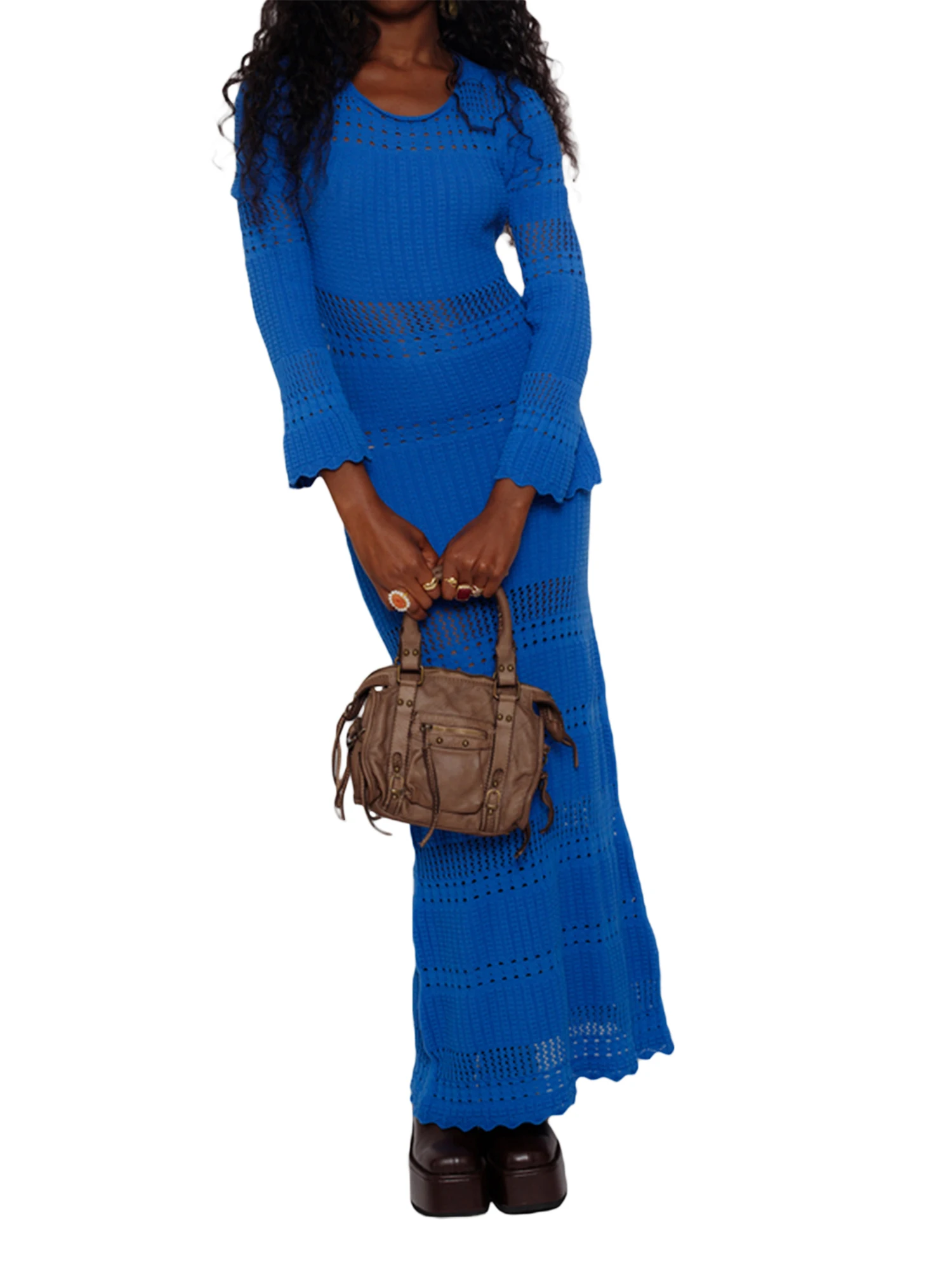 Women Knit  Solid Color Sleeveless Backless Slim-Fit Split Halter Long Dress Casual Dress Streetwear Brown I Medium