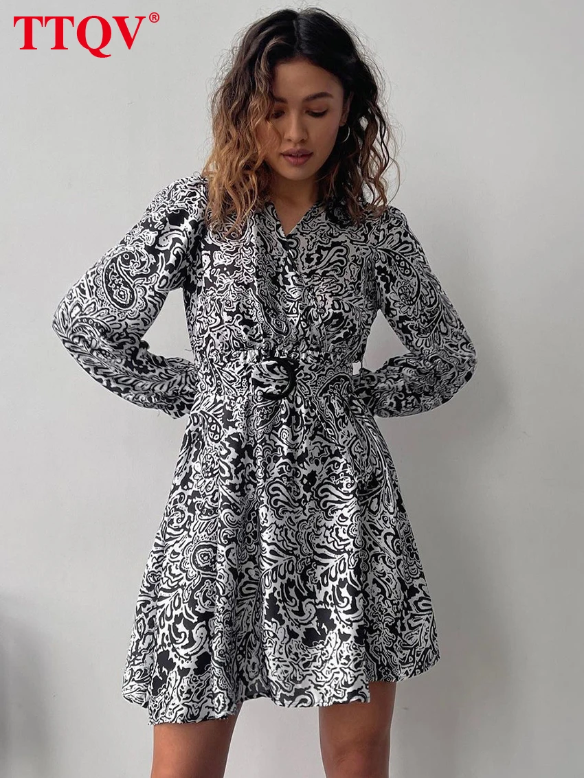 

TTQV Elegant Black Print Women'S Dress 2023 Casual Wrist Sleeve Sashes Dresses Fashion V-Neck Mini Dresses Female Streetwear