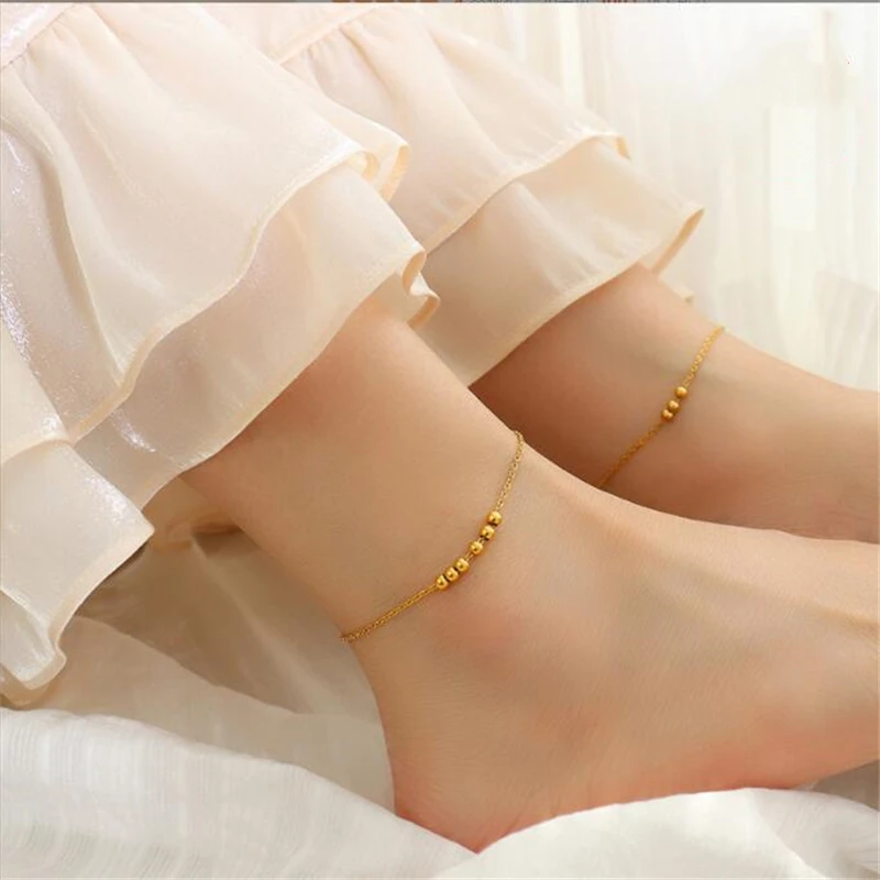 

New Boho Gold Color Plated Titanium Steel Round Beads Chain Anklets for Women Beach Barefoot Sandals Bracelet Ankle Jewelry