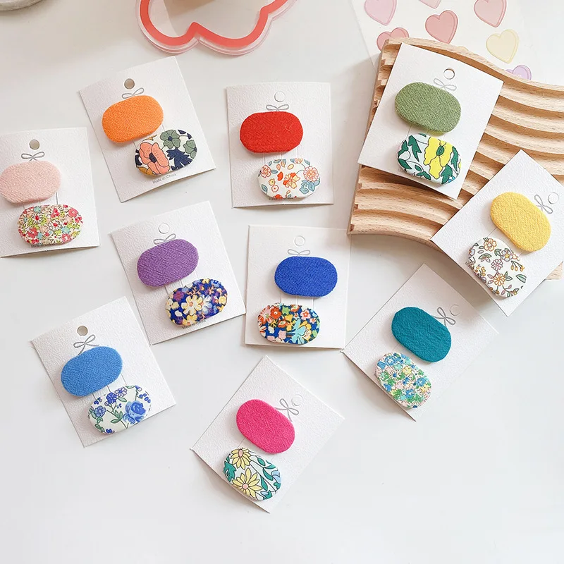 2pcs Korean Kawaii Small Hairpins for Baby Kids Oval Fabric Print Hair Clips Candy Color Barrettes Little Girl Hair Accessories