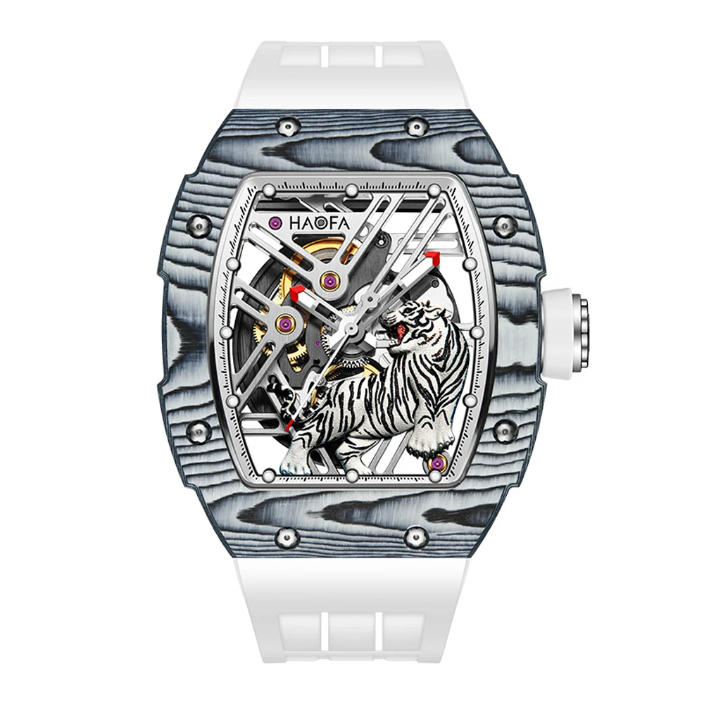 Фото Мужские автоматические механические часы Haofa Skeleton 3D Tiger из углеродного волокна с сапфировым стеклом, светящиеся, водонепроницаемые, повседневные, модные, 1973 №1