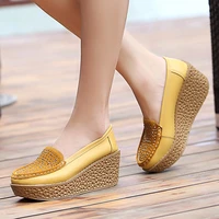 women genuine leather wedge platform shoes ladies slip on crystal flat shoes high heel 7cm thick sole shallow casual loafers new