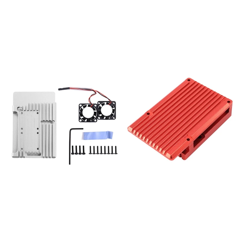 

2Set For Raspberry Pi 4 Aluminum Case With Dual Cooling Fan Metal Shell Enclosure For RPI 4 Model B,Silver & Red