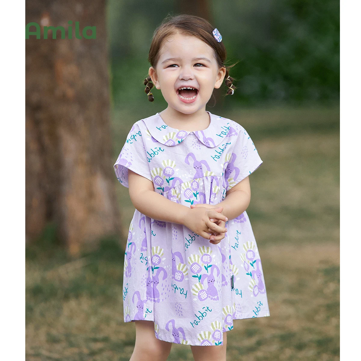 

Amila Children's Dresses for Girls 2022 Summer New Floral Bunny Doll Collar Cotton Short-sleeved Skirt