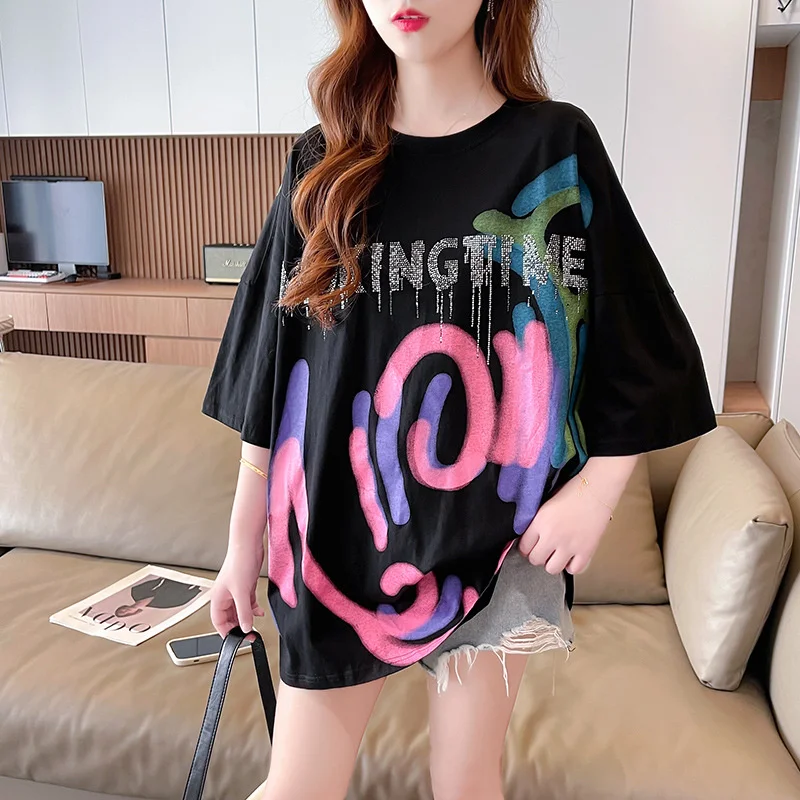 

#4329 Black White Short Sleeve T Shirt Women Diamonds Letters Streetwear Hip Hop T Shirt Loose Printed T Shirt Female O-neck