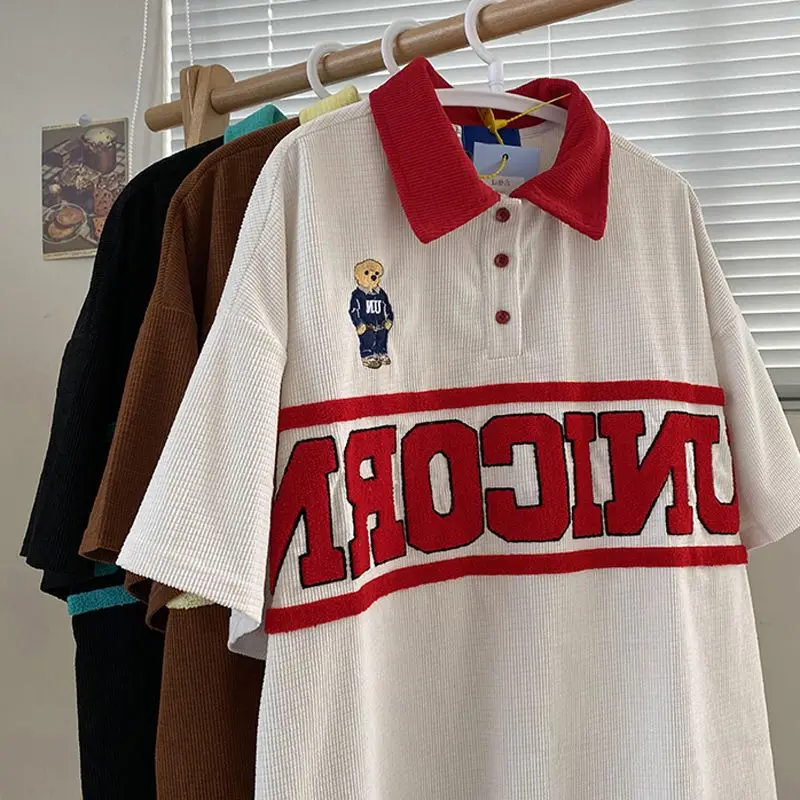 

European and American style waffle bear polo shirt short-sleeved men and women summer loose Harajuku style couple wear niche top