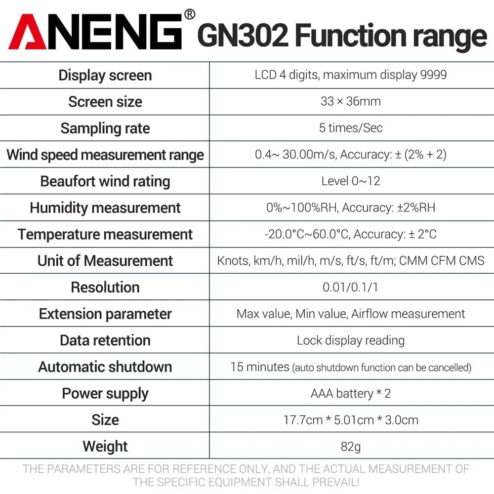 Ручной анемометр ANENG GN302, 9999 отсчетов, цифровой 0,4 ~ 30,00 Мс, измеритель скорости ветра,-C ~ C, тестер температуры (art.: 3920c94bc762a) - 3920c94bc762a