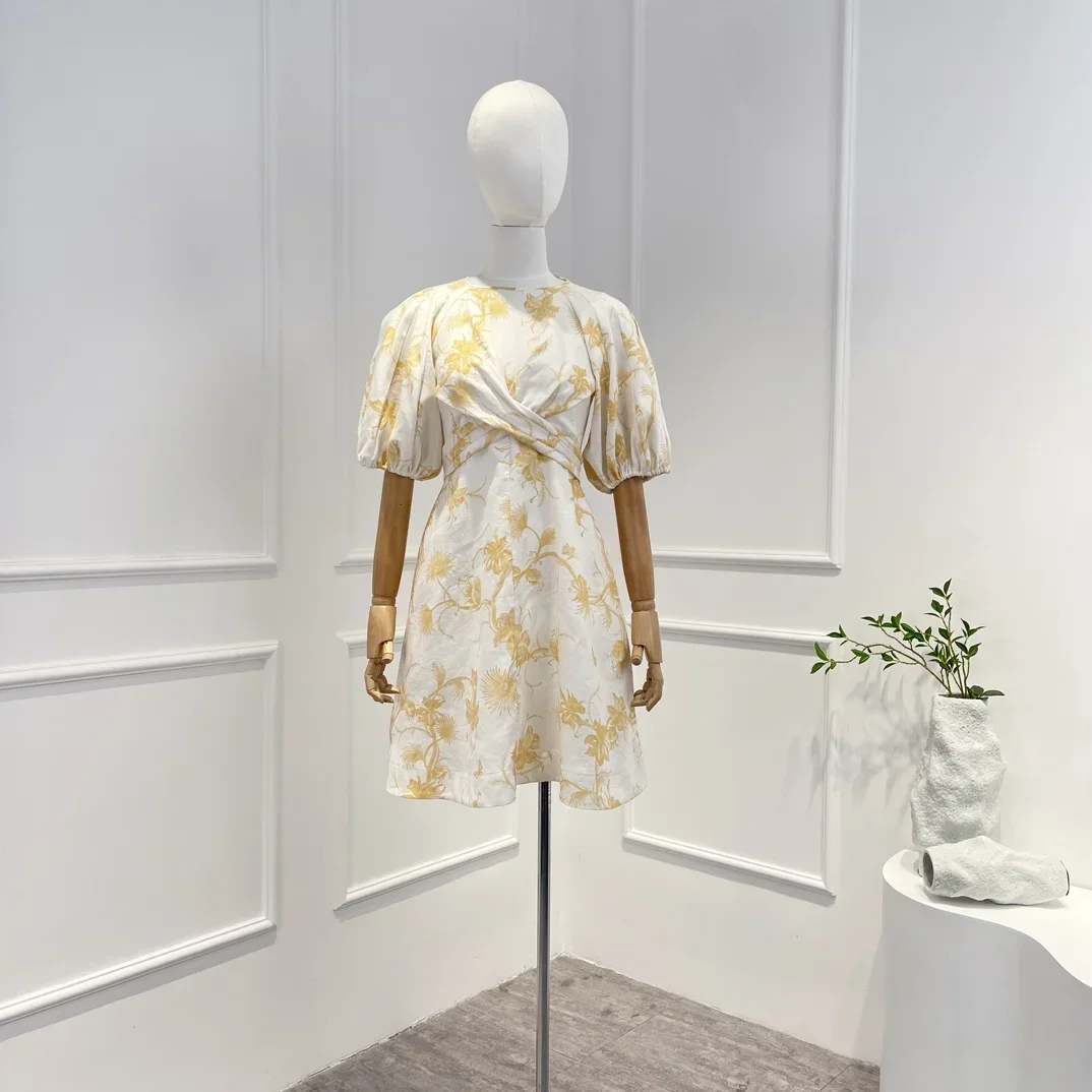 

2023 Spring Top Quality Linen Yellow Floral Printing Cross Folds Mini Dress Women