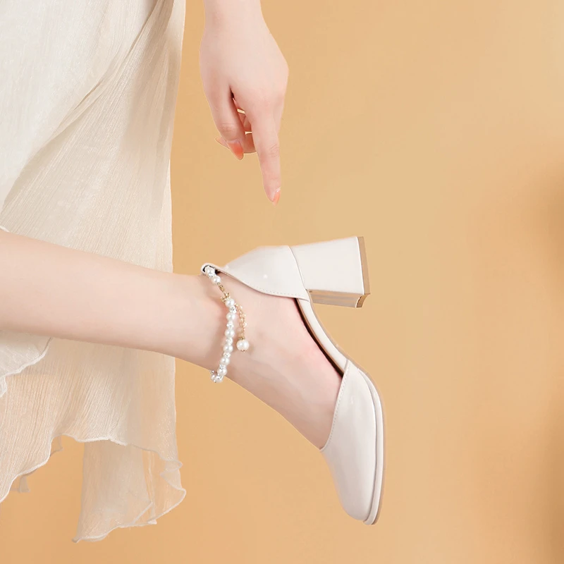 

Shallow Mouth Pearl Sandals High Heels 2022 Women's Shoes Med Suit Female Beige High-heeled New Block Real Girls Closed Comfort