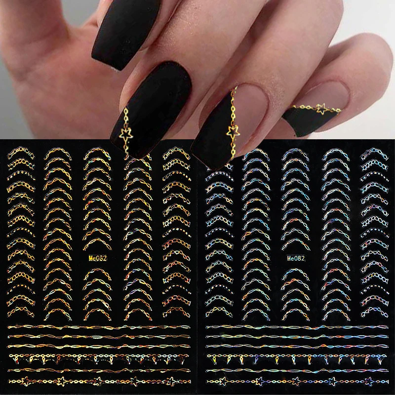 French 3D Nail Decals Stickers Stripe Gold Line Geometric Waved Star Self Adhesive Slider Papers Nail Art Transfer Stickers