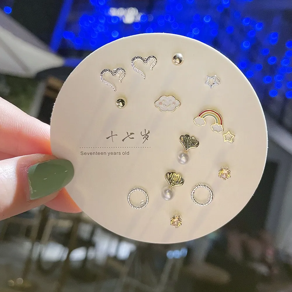 

7 Pairs/Set Cute Geometric Pearl Earrings for Women Girls 925 Sterling Silver Needle Leaf Grass Ear Stud Heart Jewelry Wholesale