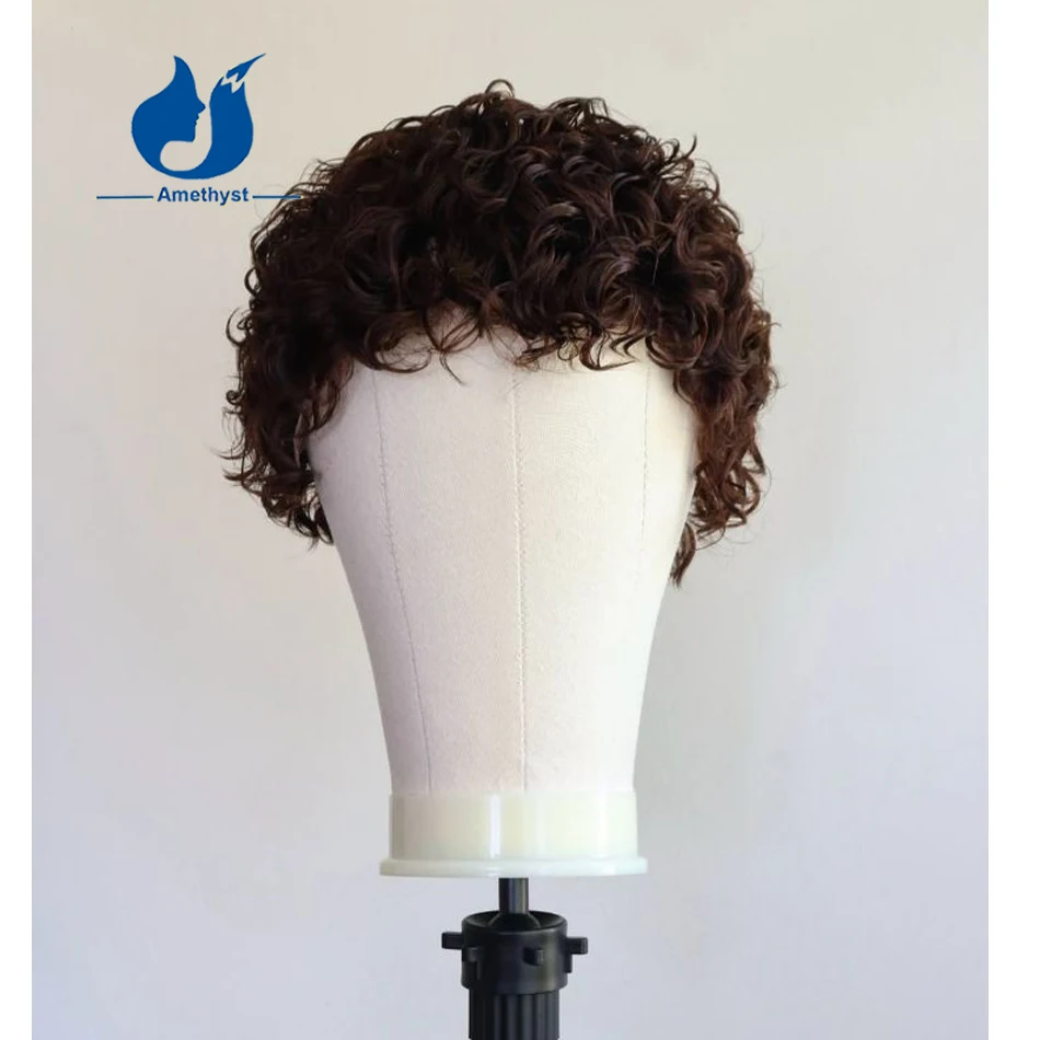 Фото Мужской парик из натуральных волос Amethyst Brazilian Dark Brown Curly Short Cut, предварительно причесанный, с полной кружевной основой, из волос Реми. №2
