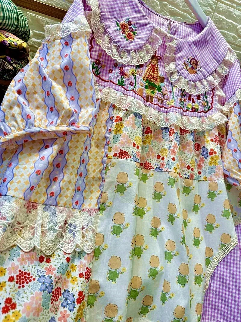 Фото Винтажная Милая хлопковая Лоскутная Блузка с оборками и кружевом, женская блузка с цветочной вышивкой, ретро шикарные топы рококо, рубашка №3