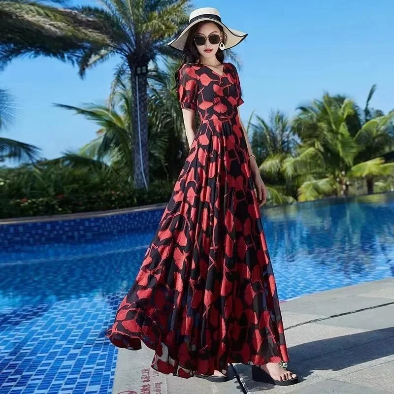 

Женское шифоновое платье с принтом, Красное Длинное Привлекательное платье с V-образным вырезом, тонкое привлекательное свободное платье во французском стиле, лето 2022