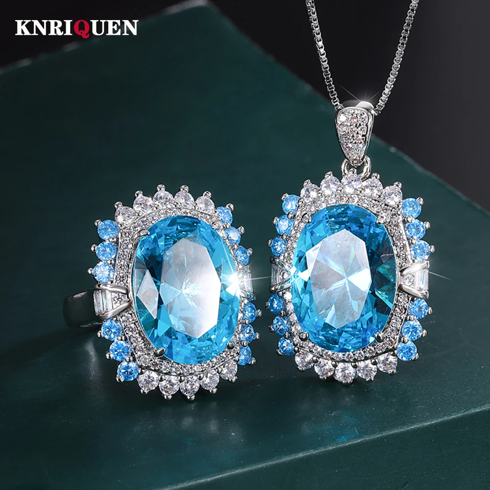 

Luxury 13*18MM Aquamarine Gemstone Pendant Necklace Rings for Women Lab Diamond Wedding Fine Jewelry Set Anniversary Accessories