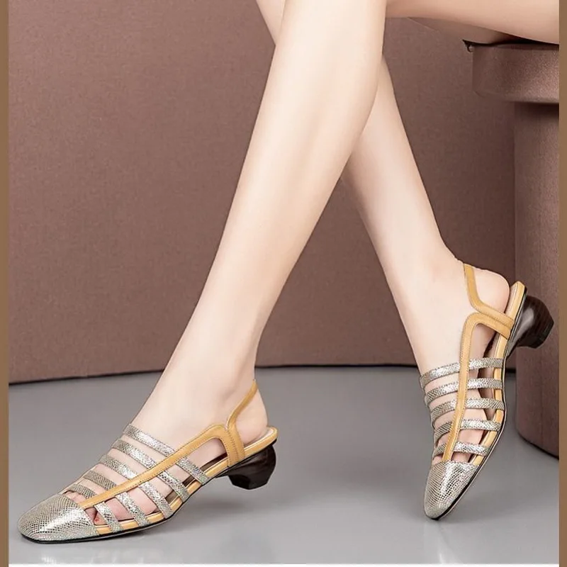 

Square toe Sandals Woman Hollow Out Mixed Colors Spring Shoes,Summer Mid Heels,Korea Style Footwear,GOLD,BLUE,Dropshipping CA-21