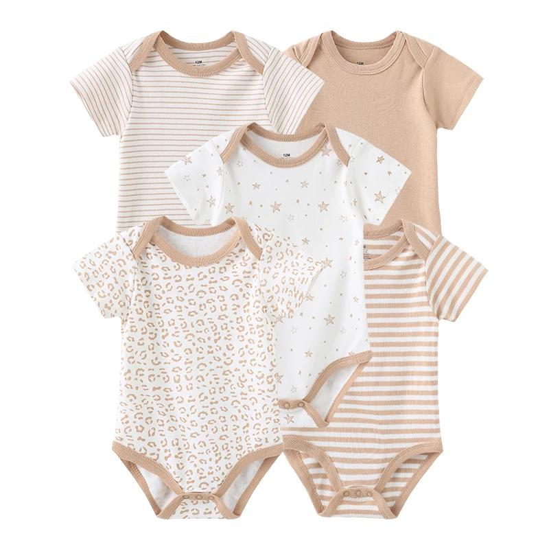 

Solid Color 2023 Unisex Bodysuits 5Pieces Cotton Cartoon Baby Boy Clothes Set Print Summer Newborn Baby Girl Clothes Bebes