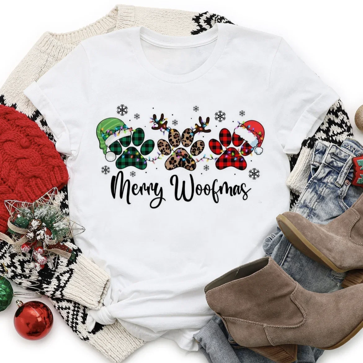 Винтажная новогодняя футболка с принтом Merry Woofmas Santa Hat модная женская и круглым