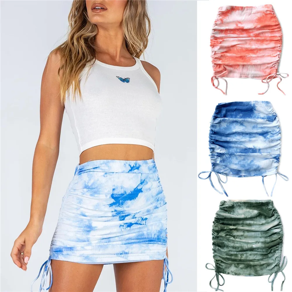 

Summer New Style Women's Stretch Crinkle Knit Mini Skirt Ladies Pit Strip Side Drawstring Sexy Tie Dye Mini Package Hip Skirt
