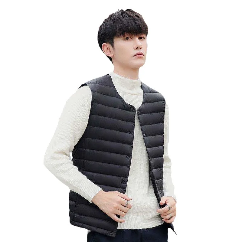 Новый мужской тонкий пуховик без воротника с круглым вырезом жилет в форме
