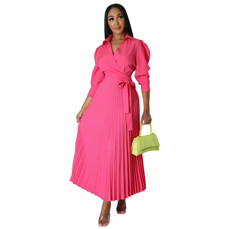 African Dresses for Woman 2023 Lapel Solid Long Sleeves Dress Elegant Office Lady Clothing Fashion Lace Up Pleated Shirt Dresses