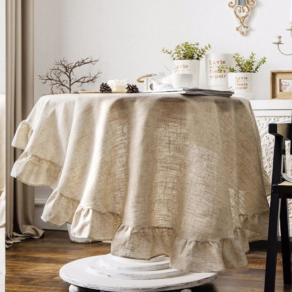 

Home Ruffle Round Rural Table Mat Cotton Linen Tablecloth Dustproof Cover Cloth Shooting Props Picnic Coffee Mat Linen Colour