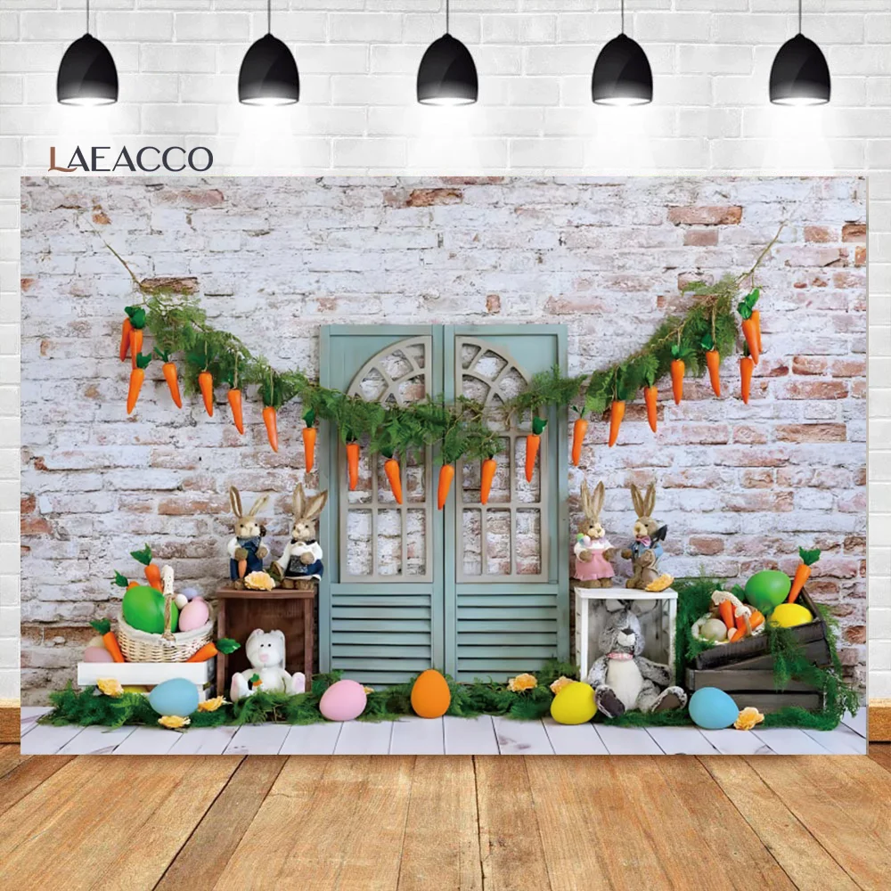 

Laeacco Spring Easter Backdrop Blue Wooden Doors Brick Wall Bunny Rabbit Eggs Kids Baby Shower Portrait Photography Background