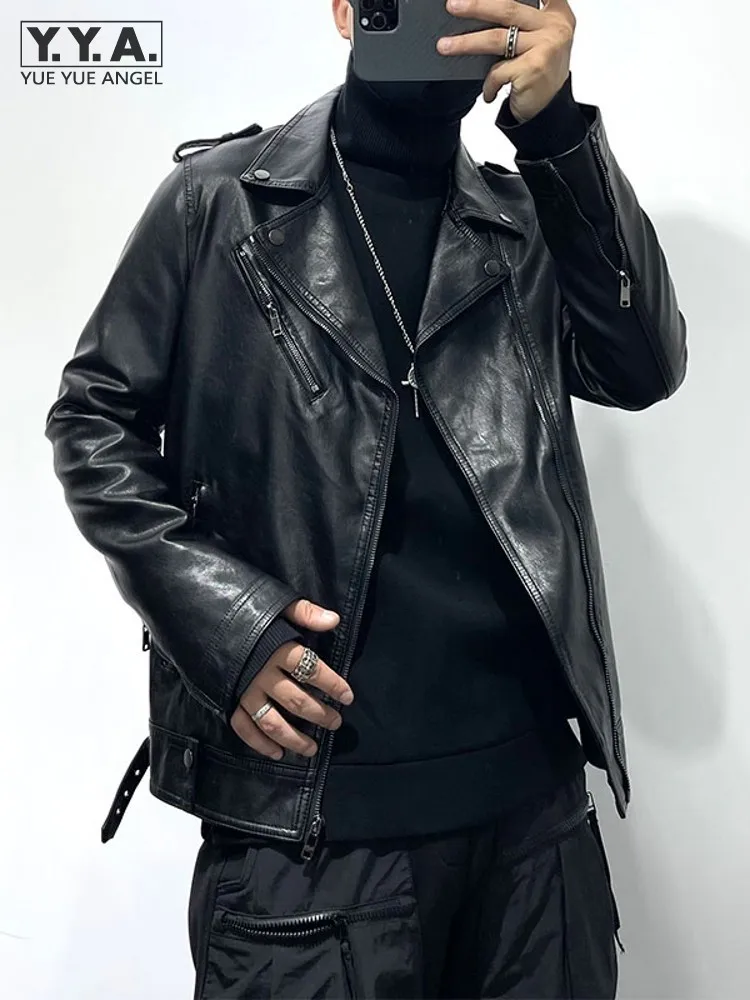 

Осенняя Готическая Мужская Черная куртка из искусственной кожи, приталенная мотоциклетная куртка на молнии из искусственной кожи, модная Байкерская ветрозащитная куртка в стиле панк