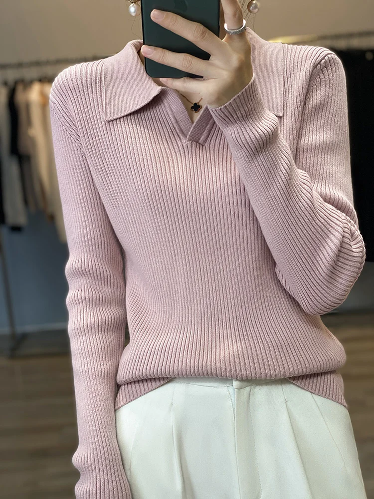 

Autumn Winter New Ladies Elegant 100% Cotton Sweater Casual Polo Collar Pullover Knitted Sweater Slim Bottoming Tops Commuter