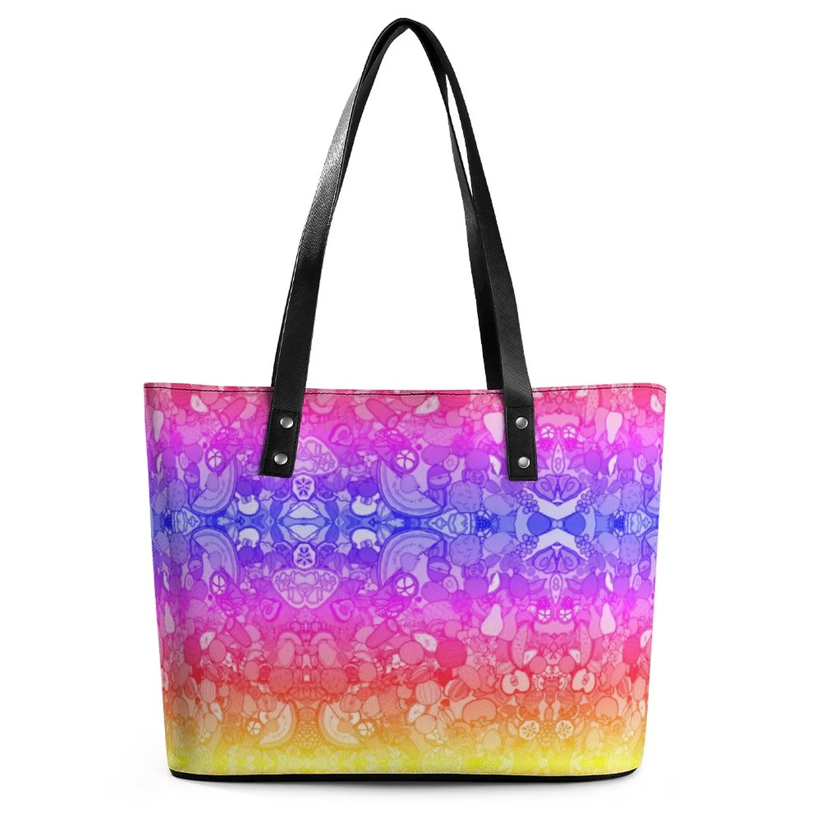 

Bright Fruit Doodle Handbags Rainbow Print PU Leather Shoulder Bag Women College Print Tote Bag Pocket Streetwear Shopper Bags
