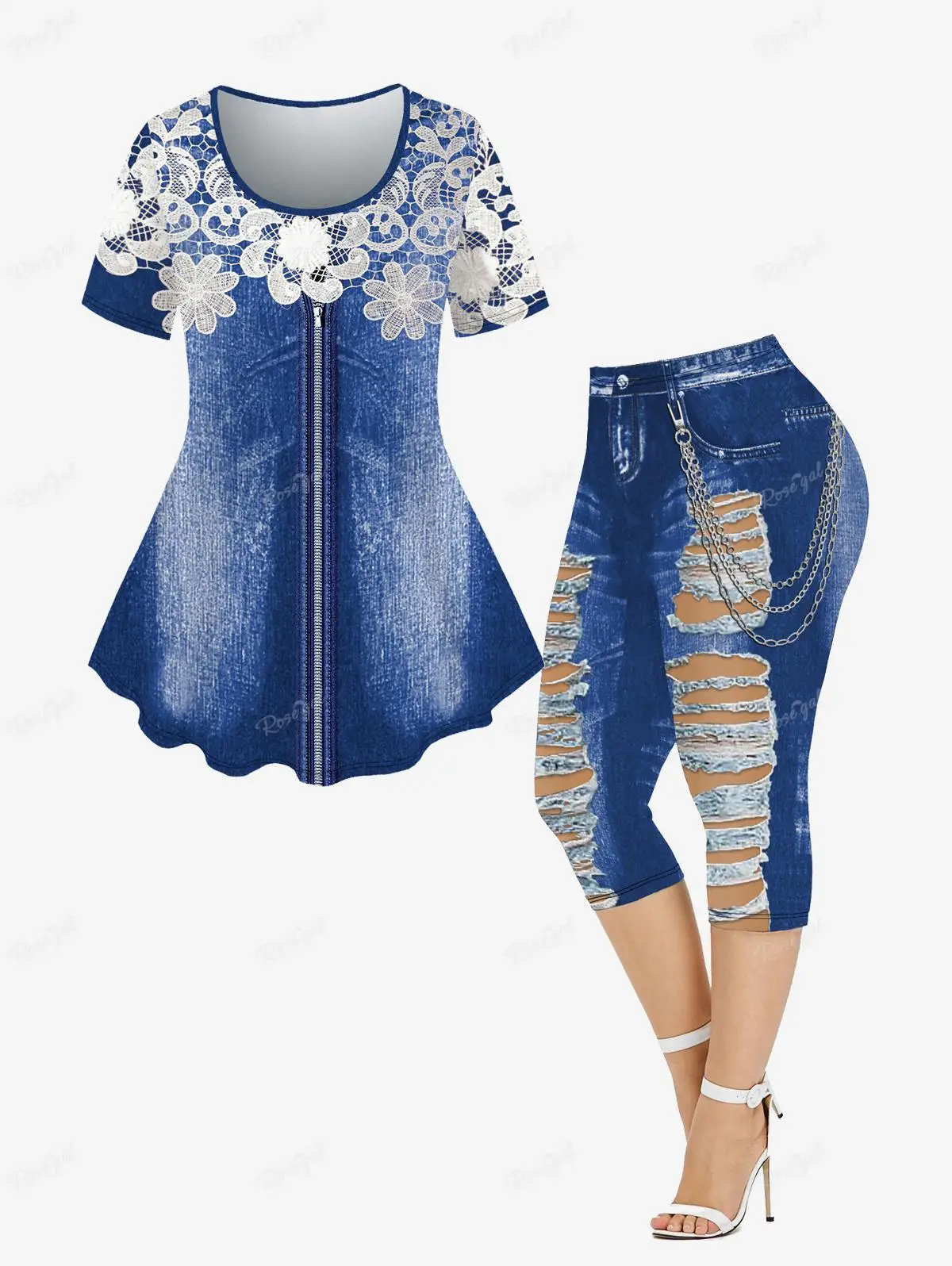 

Plus Size Tee Or Skinny Pant Blue Floral Lace Zipper Print T-shirt \3D Ripped Denim Chain Pockets Printed Capri Leggings