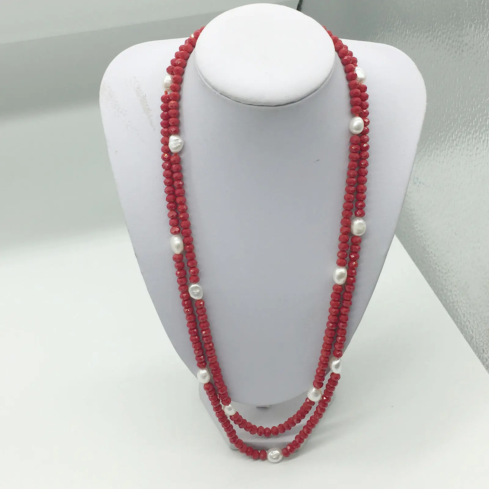 

Strand Red Crystal Beaded White Freshwater Pearl Long Wrap NecklaceWrap Necklaces Women Fashion Jewelry