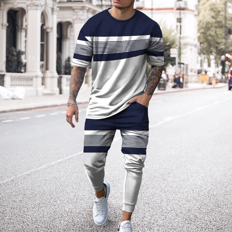 

2022 Mens Sets Summer Autumn Oversized Clothes Short Sleeve T-Shirt Pants Sportswear Round Neck Patchwork Stripes Men's Clothing