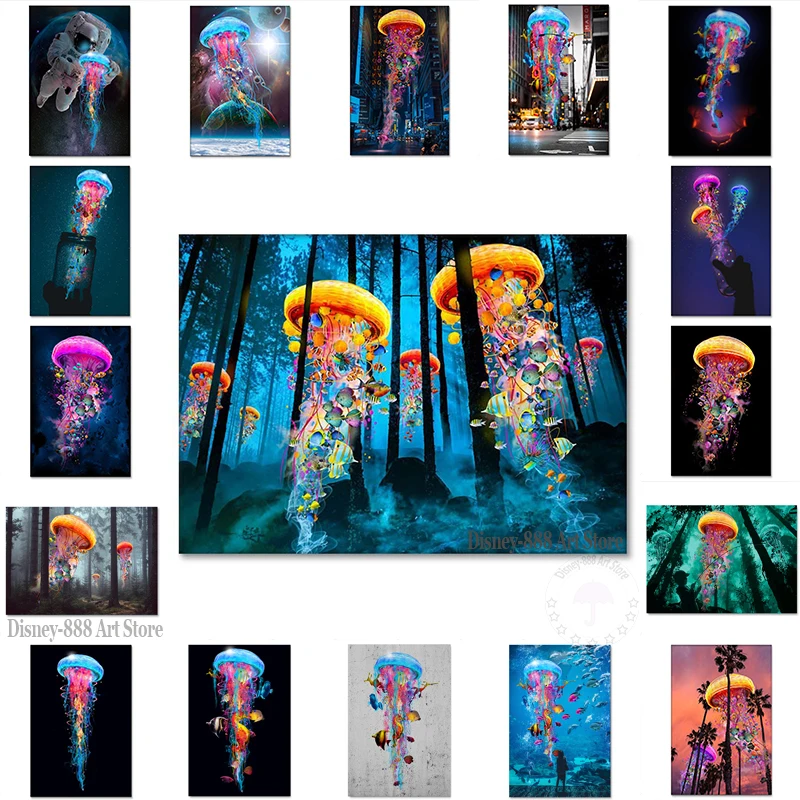 

Jellyfish Abstract Canvas Painting Colourful Animal Poster and Prints Space Astronaut Wall Art Pictures For Kids Room Home Decor